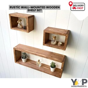 View of Rustic Wall-mounted Wooden Shelf Set – Large (22x50cm) & Small (15x20cm ...