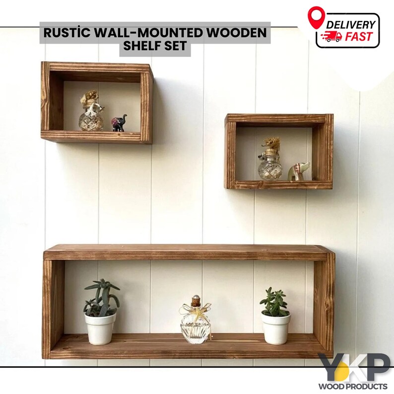 Image showcasing Rustic Wall-mounted Wooden Shelf Set – Large (22x50cm) & Small (15x20cm ...