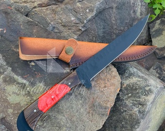 Handmade Forged Fillet Knife: Custom Wood Handle, Leather Sheath