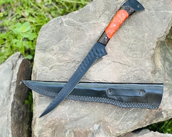 Customize Personalized Handmade Forged Hunting Camping Survival Chef Resin Fillet Knife With Leather Sheath Gift For Him Christmas US