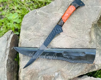 Fillet Fishing Knife Handmade Damascus Steel Knife with Leather Sheath Chef Gift For Special Occasions Personalize | Birthday Gift