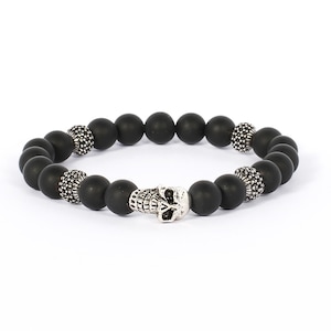 Black Onyx Stretch Bracelet with Silver Plated Skull and Inserts |Stylish and Bold Accessory| Fathers day gift| Gift for him | manly jewelry