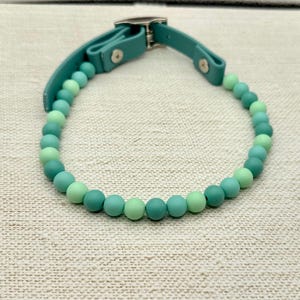 May include: A teal and green beaded dog collar. The collar features a teal leather strap with a silver buckle and a strand of green and teal beads. The beads are in varying shades of green.