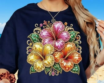 Tropical Flower Shirt, Rhinestone Hibiscus Graphic Tee, Floral Summer Vacation Hawaiian Beach Gift Top, Print Only — Not Real Sequins