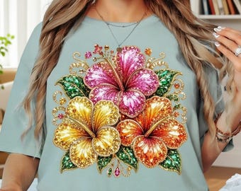 Comfort Colors® Tropical Flower Shirt, Rhinestone Hibiscus Graphic Tee, Floral Summer Hawaiian Beach Gift Top, Print Only — Not Real Sequins