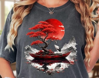 Comfort Colors® Red Moon Crane Shirt, Japanese Art Graphic T, Asian Landscape Zen Garden Aesthetic Nature Graphic Art Gift For Nature Lovers