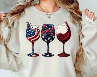 Patriotic Sweatshirt, 4th Of July Wine Crewneck, America Wine Lover Pullover, Summer Party Shirt, Print Only — Not a Patch