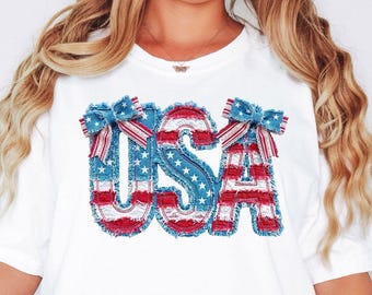 Comfort Colors® USA Patriotic Shirt, Fourth Of July Shirt, Coquette Bow Shirt, American Flag Shirt, Print Only — Not Patchwork