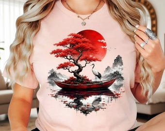 Red Moon Crane Shirt, Japanese Art Graphic Tee, Asian Landscape Zen Garden Aesthetic Nature Graphic Art Gift Top For Him Her