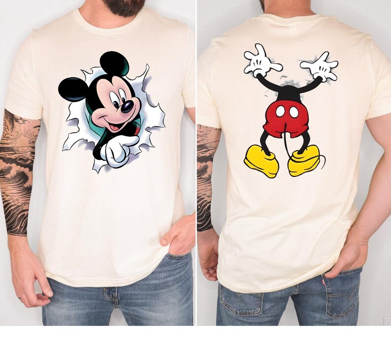 The image is a collage of two photos of a man wearing a white t-shirt with a Mickey Mouse design on the front and a back view of the same design.