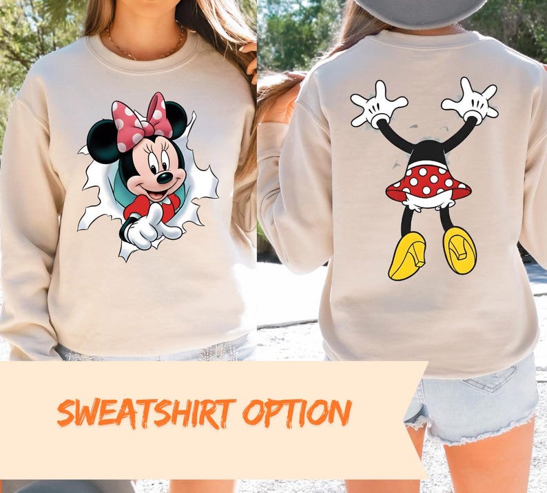 The image is a collage of two images, one showing the front of a white sweatshirt with Minnie Mouse and the other showing the back of the same sweatshirt with Minnie Mouse's arms and legs raised.