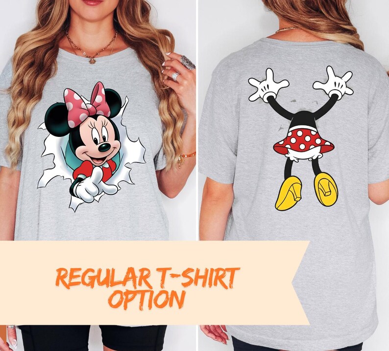 The image is a collage of two photos. In the left photo, a woman is wearing a gray t-shirt with a Minnie Mouse design on the front. In the right photo, the same woman is wearing a gray t-shirt with a Minnie Mouse design on the back. The text below the images reads "REGULAR T-SHIRT OPTION".