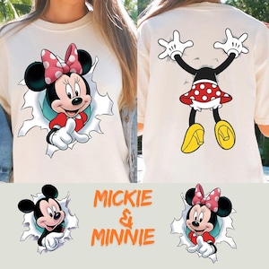 The image is a collage of two images featuring Minnie Mouse. The first image shows Minnie in her iconic red dress and pink bow, with her arms and legs sticking out of a hole in her shirt. The second image shows Minnie in a different pose, with her arms and legs sticking out of a hole in her shirt, but without the hole. The collage also includes the text "MICKIE & MINNIE" in the center.
