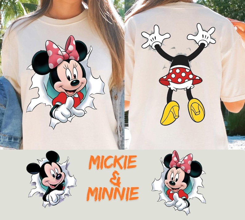The image is a collage of two images featuring Minnie Mouse. The first image shows Minnie in her iconic red dress and pink bow, with her arms and legs sticking out of a hole in her shirt. The second image shows Minnie in a different pose, with her arms and legs sticking out of a hole in her shirt, but without the hole. The collage also includes the text "MICKIE & MINNIE" in the center.