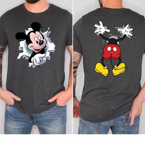 The image is a collage of two photos of a man wearing a gray t-shirt with a cartoon character on it.