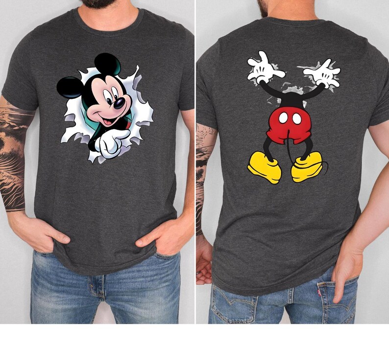 The image is a collage of two photos of a man wearing a gray t-shirt with a cartoon character on it.
