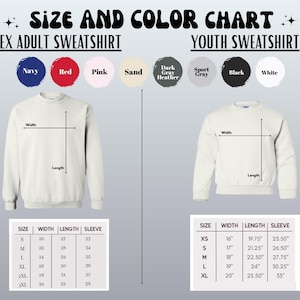 The image is a size and color chart for adult and youth sweatshirts. It displays the different color options and corresponding measurements for each color, along with a table with size and sleeve length options.