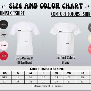 The image is a size and color chart for a unisex t-shirt, displaying the different sizes and corresponding colors available.