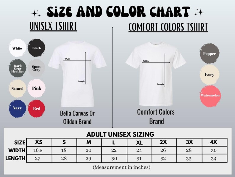 The image is a size and color chart for a unisex t-shirt, displaying the different sizes and corresponding colors available.