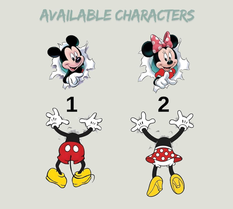two cartoon characters, Mickey Mouse and Minnie Mouse, with the number 1 and 2 displayed above them.