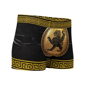 May include: Black and gold patterned men's boxer shorts with a Greek key border and a gold lion design.