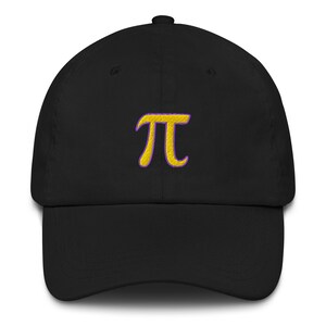 May include: A black baseball cap with a yellow embroidered pi symbol.
