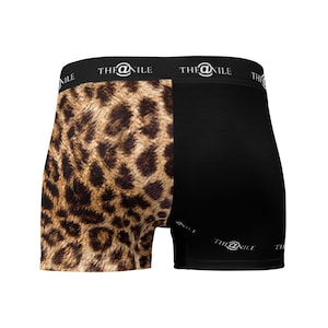 May include: Black boxer shorts with a leopard print on the left side and the text "THE@NILE" on the waistband.