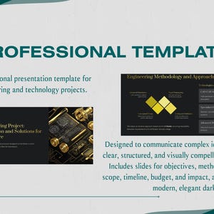 May include: A professional presentation template for engineering and technology projects. The template includes slides for objectives, methodology, scope, timeline, budget, and impact. The design is modern and elegant with a dark theme.
