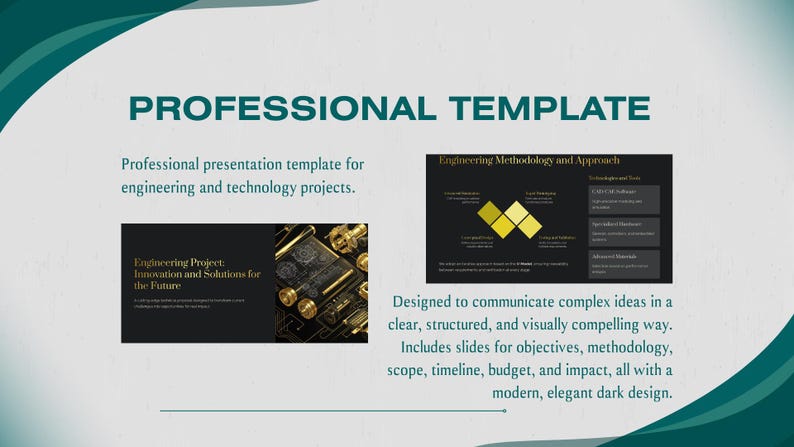 May include: A professional presentation template for engineering and technology projects. The template includes slides for objectives, methodology, scope, timeline, budget, and impact. The design is modern and elegant with a dark theme.