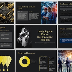 Puede incluir: Presentación sobre un fondo negro con texto dorado y blanco. Las diapositivas cubren proyectos de ingeniería, metodología, objetivos y soluciones futuras. Se muestran diagramas, gráficos y profesionales de fábrica.