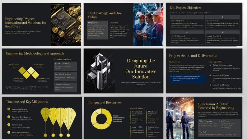 May include: A presentation on a black background with gold and white text. The slides cover engineering projects, methodology, objectives, and future solutions. Images include diagrams, charts, and professionals in a factory setting.