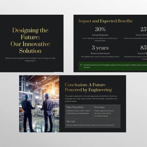May include: A presentation with three panels. The top left panel has the text "Designing the Future: Our Innovative Solution". The top right panel shows "Impact and Expected Benefits" with statistics. The bottom panel shows two people in a factory setting with the text "Conclusion: A Future Powered by Engineering".