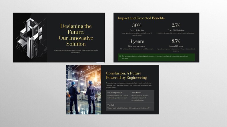 May include: A presentation with three panels. The top left panel has the text "Designing the Future: Our Innovative Solution". The top right panel shows "Impact and Expected Benefits" with statistics. The bottom panel shows two people in a factory setting with the text "Conclusion: A Future Powered by Engineering".