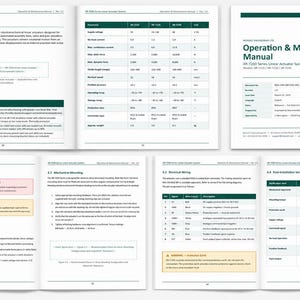 Puede incluir: Páginas de libro abiertas con diagramas técnicos y texto. Las páginas son de un manual de operación y mantenimiento para un sistema de actuador lineal. El manual incluye descripciones de productos e instrucciones de instalación.