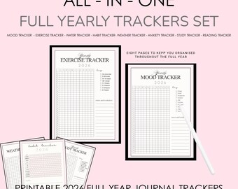 May include: A set of printable 2026 full-year journal trackers. The set includes exercise, mood, water, habit, weather, anxiety, study, and reading trackers. The text on the image reads "All-In-One Full Yearly Trackers Set".
