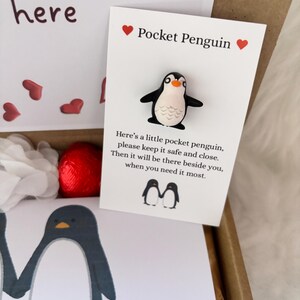 May include: A small, black and white penguin pin on a card that reads "Pocket Penguin." The card includes a message and two heart symbols. The pin is in a gift box with a red heart-shaped candy.