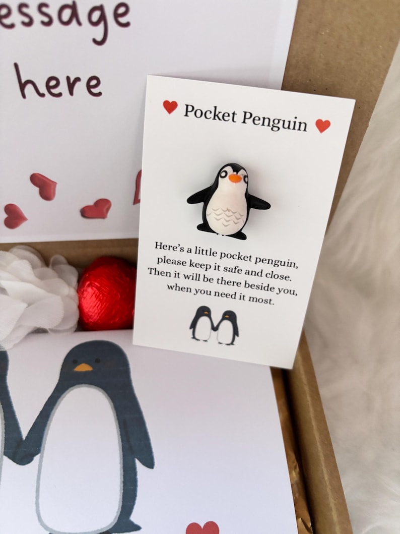 May include: A small, black and white penguin pin on a card that reads "Pocket Penguin." The card includes a message and two heart symbols. The pin is in a gift box with a red heart-shaped candy.