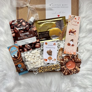 May include: A gift box containing a coffee body scrub pouch, gold collagen eye masks, a Cosy Season bookmark, a bag of white marshmallows, a squirrel charm card, a lip balm, a leopard print nail file, and a bronze scrunchie with a candle.