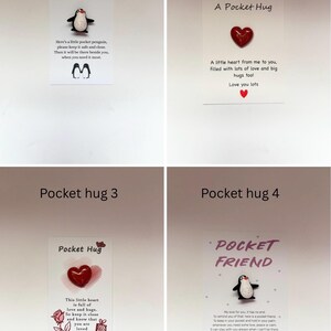 May include: Four cards with the text "Pocket hug" and various messages. One card features a penguin pin and the words "Pocket Penguin." Another has a heart pin and the words "A Pocket Hug." The third card has a heart pin and the words "Pocket Hug." The fourth card has a penguin pin and the words "Pocket Friend."