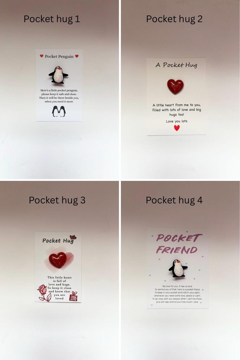 May include: Four cards with the text "Pocket hug" and various messages. One card features a penguin pin and the words "Pocket Penguin." Another has a heart pin and the words "A Pocket Hug." The third card has a heart pin and the words "Pocket Hug." The fourth card has a penguin pin and the words "Pocket Friend."