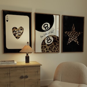 Set of 3 Leopard Wall Art, Digital Poster Set Of 3, Trendy 8 Ball Leopard Print, Set Of 3 Printable, Playing Card Wall Art, Lucky You Print