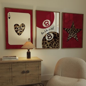 Set of 3 Leopard Wall Art, Digital Poster Set Of 3, Trendy 8 Ball Leopard Print, Set Of 3 Printable, Playing Card Wall Art, Lucky You Print