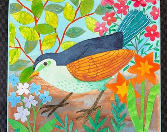 Original collage of a bird in a garden mounted on 6 inch square wood panel