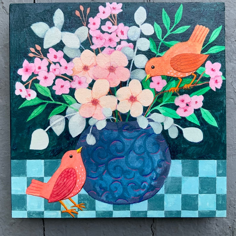 Original painting of two little birds with a vase of flowers, mounted on a six inch square wood panel image 1