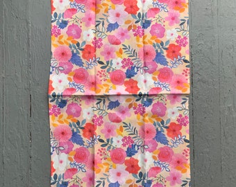 Pink flowers patterned linen-cotton tea towel