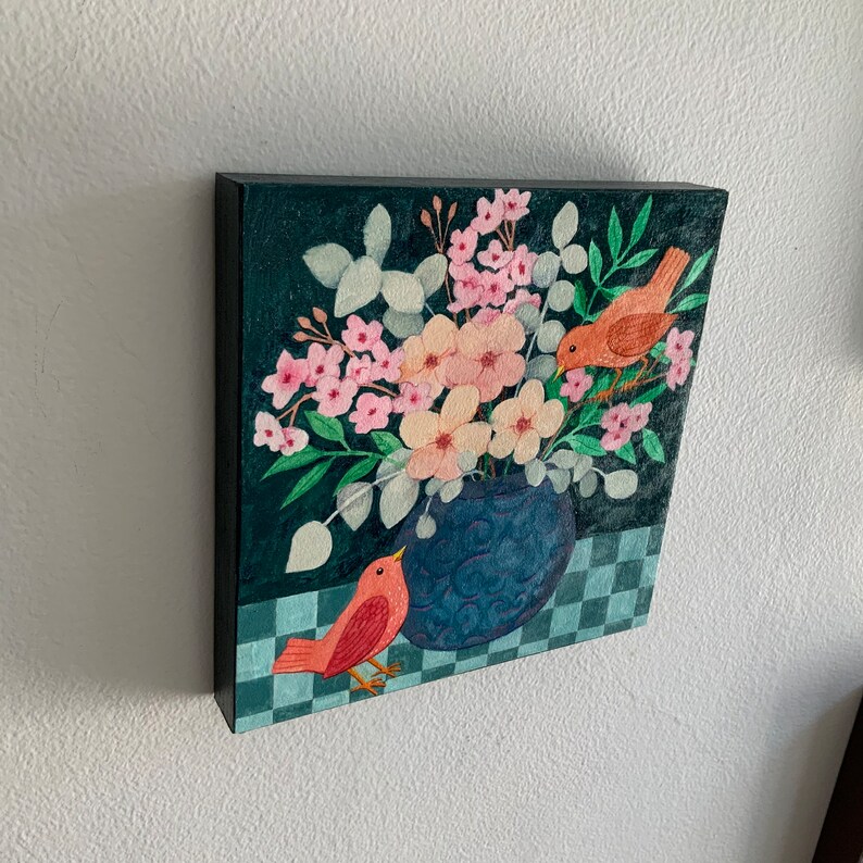 Original painting of two little birds with a vase of flowers, mounted on a six inch square wood panel image 3
