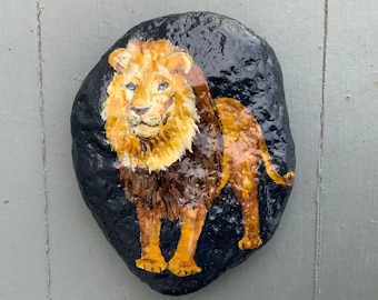 Lion painted rock paperweight