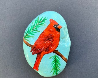 Cardinal bird painted rock paperweight