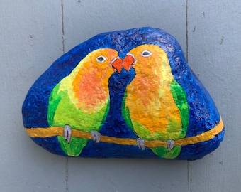 Lovebirds painted rock paperweight