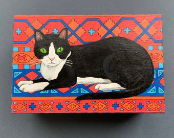 Hand painted one-of-a-kind tuxedo cat keepsake box